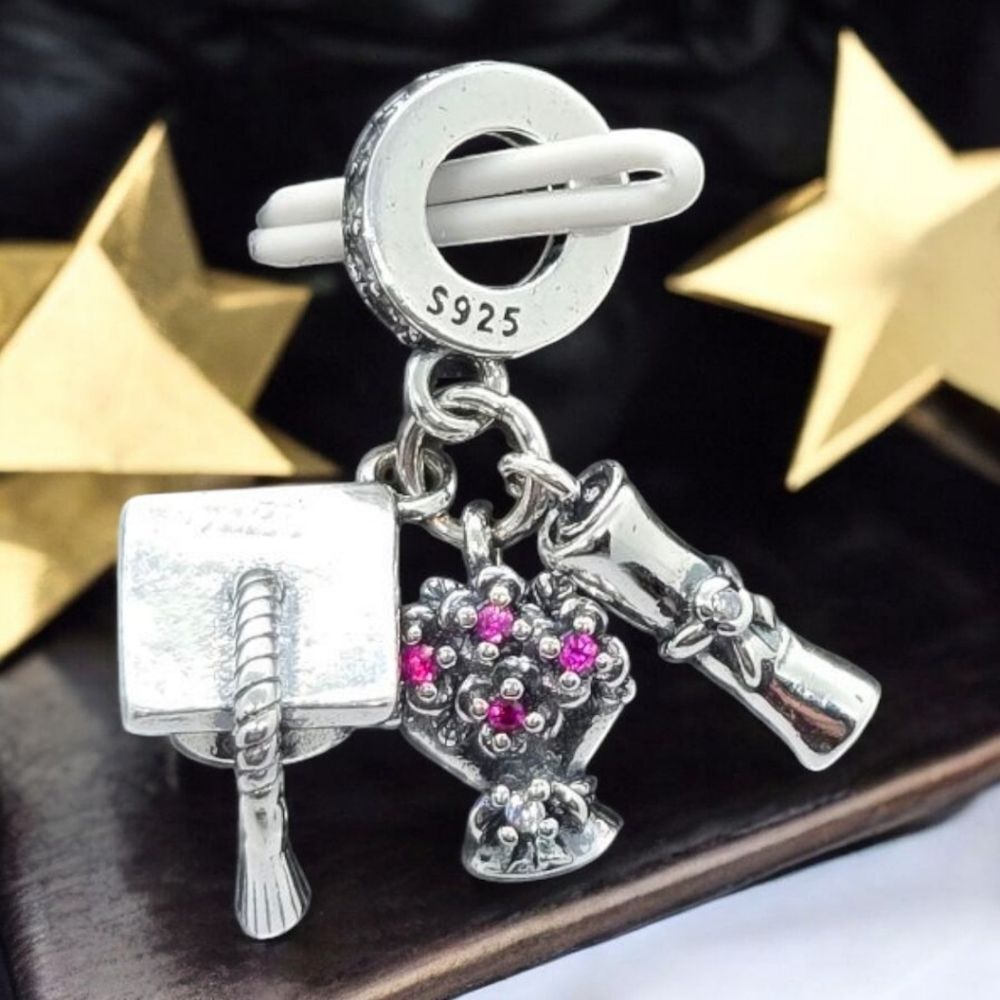 Graduation Charm S925 Sterling Silver Flowers Diploma Bracelet Graduate Gift NEW